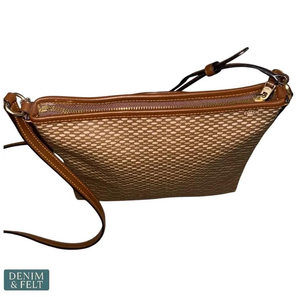 Coach Weaved Brown Embossed Leather Crossbody Shoulder Bag Adjustable Strap - Picture 3 of 15